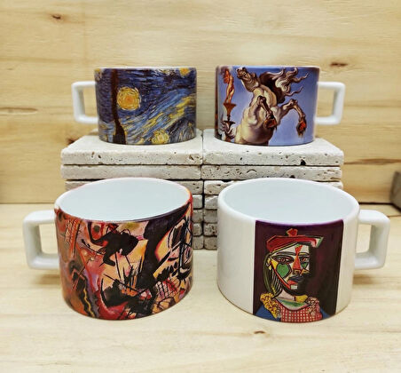 Van Gogh, Dali, Picasso, Kandinsky-çay Kahve Fincanı Ve Traverten Bardak Altlığı 4'lü Hediyelik Set