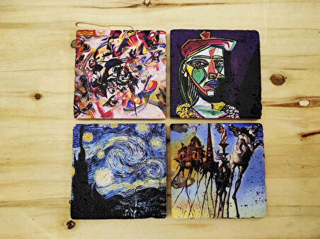 Van Gogh, Dali, Picasso, Kandinsky-çay Kahve Fincanı Ve Traverten Bardak Altlığı 4'lü Hediyelik Set