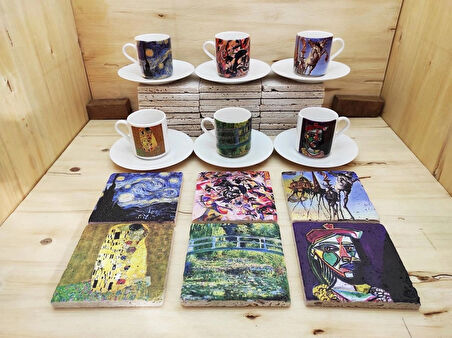 Dali,van Gogh, Picasso, Kandinsky, Klimt, Monet 6'lı Türk Kahvesi Fincanı Ve Taş Bardak Altlığı Seti