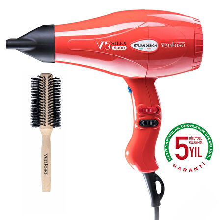 Ventoso V5 Silex5000 2500 W Profesyonel Fön Makinesi Kırmızı Ahşap Fön Fırçalı