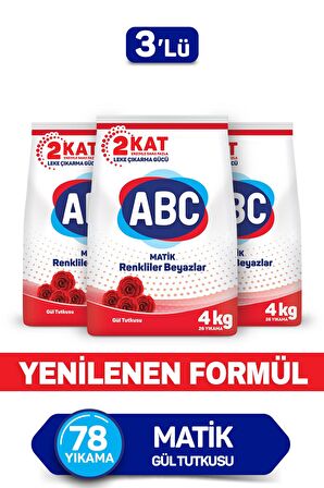 ABC Matik Gül Parfümlü Beyazlar ve Renkliler İçin Toz Çamaşır Deterjanı 3 x 4 kg 78 Yıkama