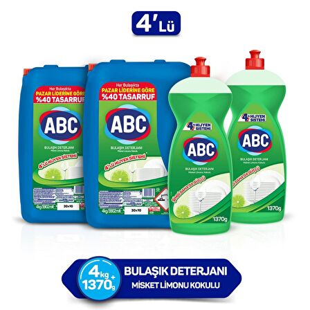 Abc Misket Limonlu Sıvı Elde Yıkama Deterjanı 2 x 4 kg + 2 x 1370 gr 