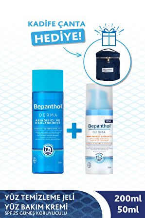 Bepanthol Derma Yüz Temizleme Jeli 200ml + SPF 25 Güneş Koruyuculu Yüz Bakım Kremi 50ml + Kadife Çanta Hediye