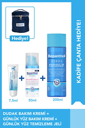Yüz Bakım Kremi 50ml + Temizleme Jeli 200ml +Dudak Kremi 7.5ml + Kadife Çanta Hediye