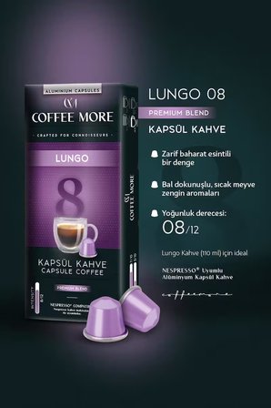 Coffee More 8 Lungo Kapsül Kahve 10 x 5 Paket ( 50 Adet ) Nespresso Uyumlu