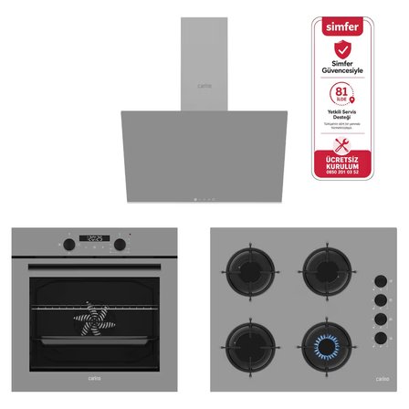 Carino 4 Fonksiyon Dijital Gri Power Turbo 3'lü Cam Ocaklı Ankastre Set (Fırın+Ocak+Davlumbaz)