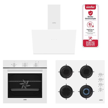 Carino 4 Fonksiyon Mekanik Beyaz Power Turbo 3'lü Cam Ocaklı Ankastre Set (Fırın+Ocak+Davlumbaz)