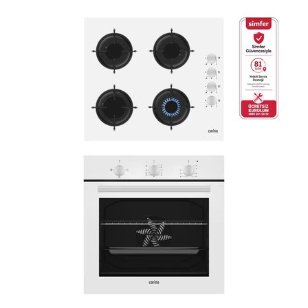 Carino 4 Fonksiyon Mekanik Beyaz Power Turbo 2'li Cam Ocaklı Ankastre Set (Fırın+Ocak)