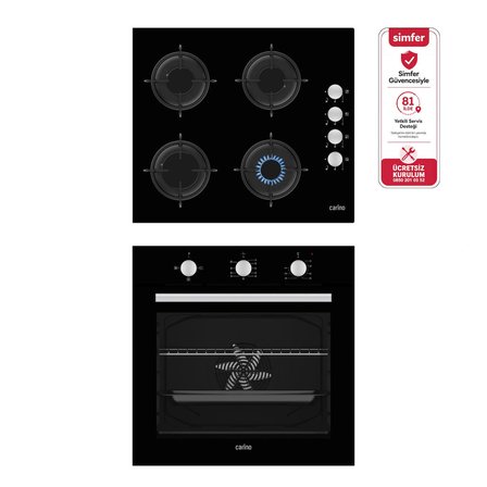 Carino 4 Fonksiyon Mekanik Siyah Power Turbo 2'li Cam Ocaklı Ankastre Set (Fırın+Ocak)