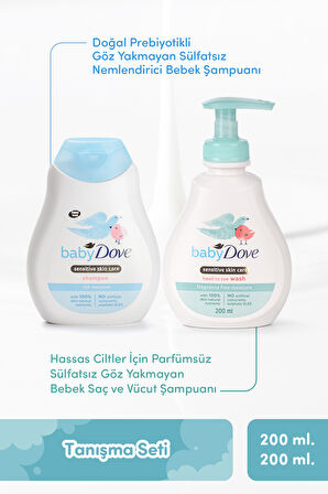 Tanışma Seti, Doğal Prebiyotikli Göz Yakmayan Sülfatsız Nemlendirici Bebek Saç Şampuanı 200 ml & Saç ve Vücut Şampaunı 200 ml
