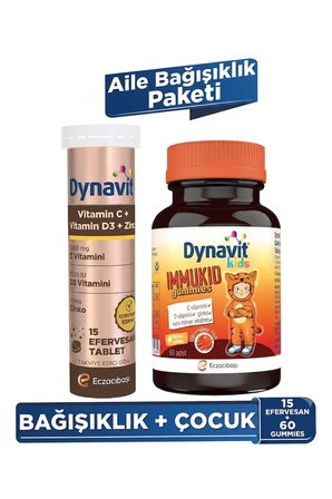 Dynavit Vitamin C Vitamin D3 Çinko 15 Efervesan&Immukid Gummies 60 Çiğnenebilir Gummy-Aile Bağışıklık Paketi