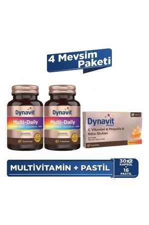 Dynavit MultiDaily 30 Kapsül x2 + C Vitamini Propolis 16 Pastil & Beta Glukan 16 Pastil - 4 Mevsim Paketi