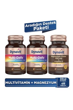 Dynavit MultiDaily 30 Kapsül x2 + Magnesium Citrate 200 mg, Vitamin D 60 Tablet - Aradığın Destek Paketi
