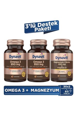 Dynavit Omega 3 950 mg 30 Yumuşak Kapsül x2&Magnesium Citrate 200 mg, Vitamin D 60 Tablet-3'lü Destek Paketi
