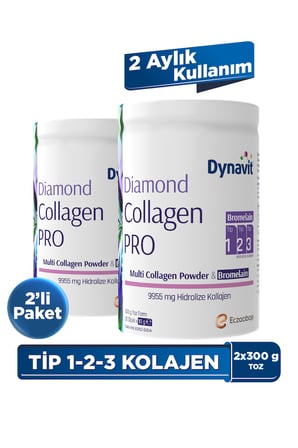 Dynavit Diamond Multi Collagen&Bromelain (Ananas Ekstresi) 300g Toz x2 - - Hidrolize Peptit Tip 1&3 Sığır ve Tip 2 Tavuk Kolajeni, Bromelain