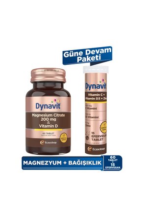 Dynavit Magnesium Citrate 200 mg, Vitamin D 60 Tab &Vitamin C Vitamin D3 Çinko 15 Efer - Güne Devam Paketi