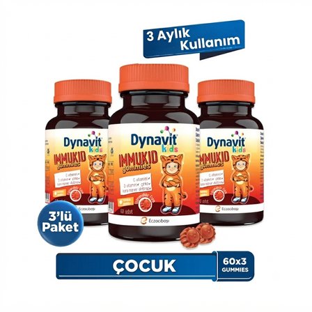 Dynavit Kids Immukid Gummies 60x3 - Çocuklar için Bağışıklık ve Enerji Destekleyici C, D Vitamini, Çinko
