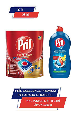 Pril Excellence Premium 5’i 1 Arada 40'lı Kapsül &Pril Power 5 Arti Etki Limon 1350Gr
