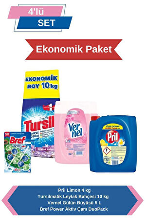 Ekonomi Paketi: 10kg Çamaşır Deterjanı, 5kg Yumuşatıcı, 4kg Bulaşık Deterjanı, Klozet Bloğu