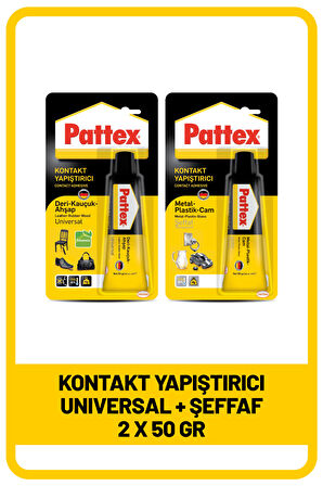 Pattex Kontakt Yapıştırıcı Deri-Kauçuk-Ahşap, 50g + Kontakt Yapıştırıcı Metal-Plastik-Cam, 50g