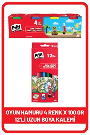 Pritt 12'li Uzun Kuru Boya Kalemi + Pritt oyun hamuru 4 renk x 100 gr 