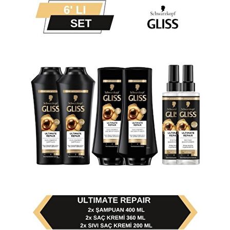 Gliss Ultimate Repair Şampuan 400ml x2 + Saç Kremi 360ml x2+ Sıvı Saç Kremi 200 ml x2