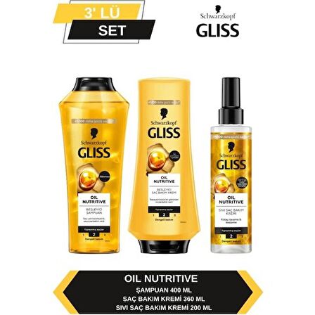 Gliss Oil Nutritive Şampuan 400ml + Saç Kremi 360ml + Sıvı Saç Kremi 200 ml 