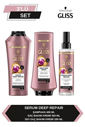 Gliss Serum Deep Repair Şampuan 400 ml + Saç Kremi 360 ml + Sıvı Saç Kremi 200 ml