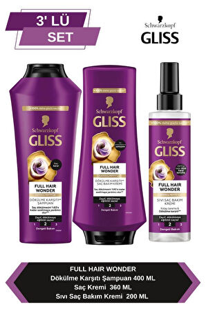 Gliss Full Hair Wonder Dökülme Karşıtı Şampuan 400ml + Saç Kremi 360ml + Sıvı Saç Kremi 200 ml