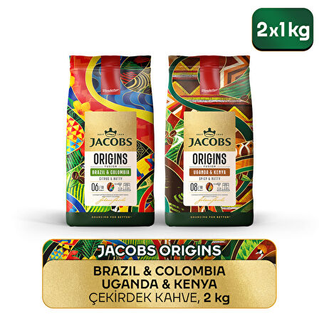 Jacobs Origins Brazil & Colombia + Uganda & Kenya Çekirdek Kahve 1 Kg 2'li Paket
