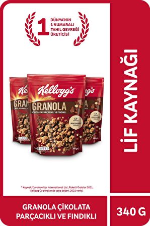 Kellogg's Çikolata Parçacıklı&Fındıklı Granola 340 Gr x3 Adet,%44 Yulaf içerir,Lif Kaynağı