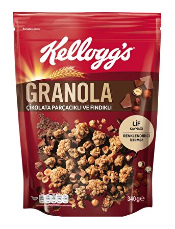 Kellogg's Çikolata Parçacıklı&Fındıklı Granola 340 Gr x3 Adet,%44 Yulaf içerir,Lif Kaynağı