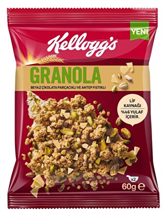 Kellogg's Beyaz Çikolata Parçacıklı&Antep Fıstıklı Granola 60Gr x10Adet,%46 Yulaf içerir,Lif Kaynağı