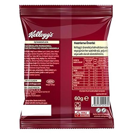 Kellogg's Beyaz Çikolata Parçacıklı&Antep Fıstıklı Granola 60Gr x10Adet,%46 Yulaf içerir,Lif Kaynağı