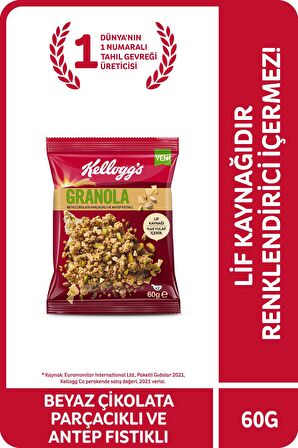 Kellogg's Beyaz Çikolata Parçacıklı&Antep Fıstıklı Granola 60Gr x10Adet,%46 Yulaf içerir,Lif Kaynağı