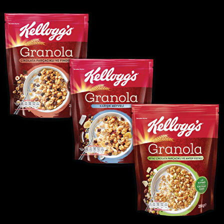 Kellogg’s 3’lü Granola Paketi,Çikolata Parçacıklı&fındık,Karışık Meyveli,Antep Fıstıklı&Beyaz Çikolata