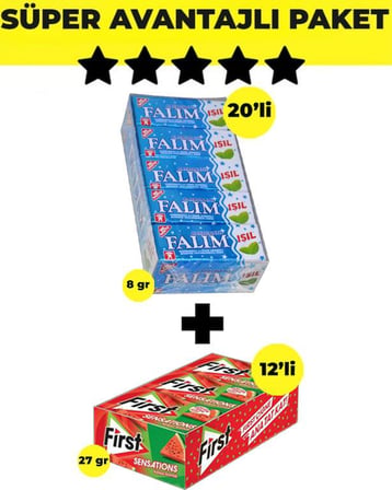 Falım Işıl Karbonatlı & Nane Aromalı Sakız (5'li x 20 Adet)- First Sensations Karpuz Aromalı Sakız (27gr x 12 Adet) 
