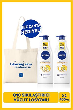 Q10 Sıkılaştırıcı Vücut Losyonu 400ml, X2 Adet, 10 Günde Sıkılaşma, C Vitamini, Bez Çanta Hediyeli 