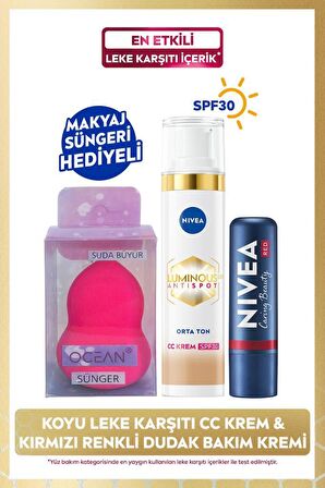 Luminous630 Leke Karşıtı CC Krem SPF30 40ml, Orta Ton, Kırmızı Dudak Bakım Kremi, Sünger Hediye