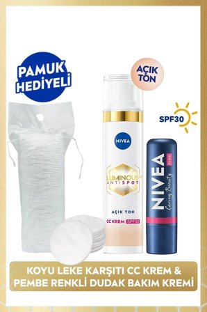 SPF30 Luminous630 Leke Karşıtı CC Krem Açık Ton 40ml ve Pembe Renkli Dudak Kremi, Pamuk Hediye