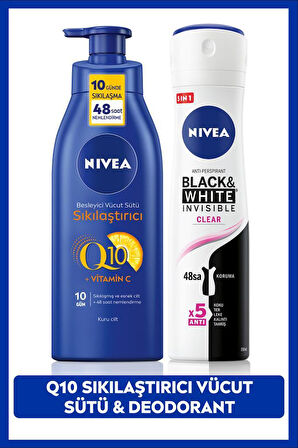 Kadın Sprey Deodorant Black&White Clear 150ml, Q10 Sıkılaştırıcı ve Nemlendirici Vücut Sütü 400ml