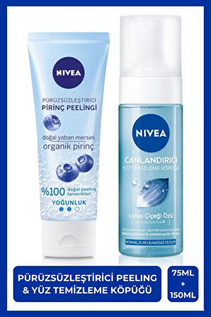 NIVEA Pürüzsüzleştirici Organik Pirinç Nazik Yüz Peeleng 75ml ve Canlandırıcı Yüz Temizleme Köpüğü 150ml
