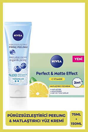 NIVEA Pürüzsüzleştirici Pirinç Yüz Peeleng 75ml ve Perfect&Matte Matlaştırıcı Gündüz Yüz Bakım Kremi 50ml