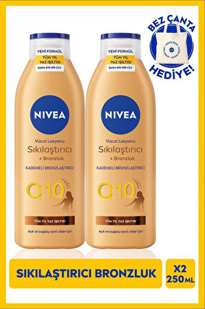 NIVEA Q10 Sıkılaştırıcı Ve Bronzlaştırıcı Vücut Losyonu 250ml, Kademeli Bronzluk, X2 Adet, Çanta Hediyeli