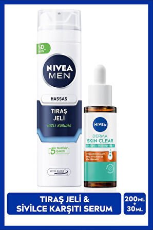 MEN Erkek Hassas Tıraş Jeli 200ml ve Derma Skin Clear Sivilce Karşıtı Serum 30ml, Cilt Bakım Seti