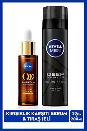 MEN Erkek Tıraş Jeli Deep Dimension 200ml ve Q10 Kırışıklık Karşıtı Çift Etkili Cilt Serumu 30ml