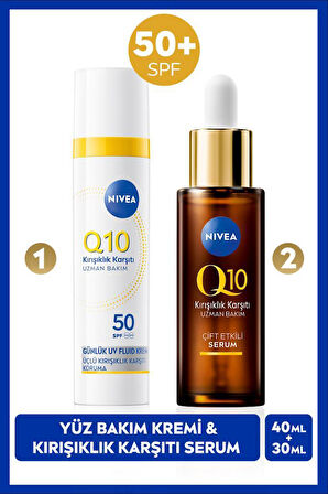 Q10 SPF50 Güneş Koruyucu Yüz Bakım Kremi 40ml ve Kırışıklık Karşıtı Çift Etkili Cilt Serumu 30ml