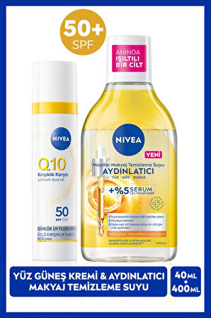 Q10 SPF50 Güneş Koruyucu Yüz Bakım Kremi 40ml ve Aydınlatıcı Micellar Makyaj Temizleme Suyu 400ml