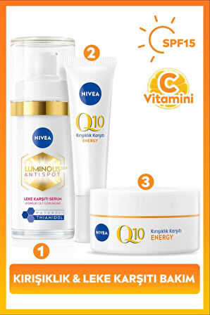 SPF15 Q10 Energy Gündüz Kremi 50ml, Luminous630 Thiamidol Etkili Leke Karşıtı Serum 30ml ve Göz Krem