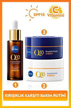 SPF15 Q10 Energy Gündüz Yüz Kremi 50ml, Gece Kremi 50ml ve Kırışıklık Karşıtı Çift Etkili Serum 30ml